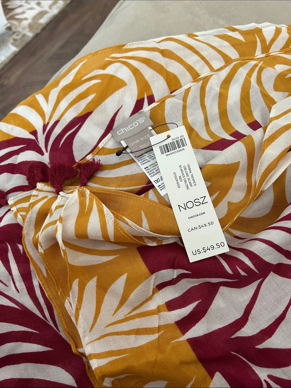 Chico's Mustard and Burgundy Leaf Print Tassel Scarf
